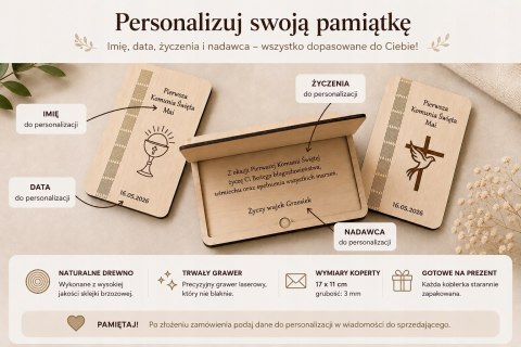 Drewniana koperta na pieniądze.Pamiątka Komunii Świętej | Grawer Imię Data