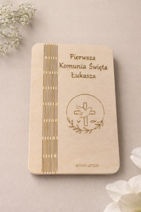 Drewniane pudełko na pieniądze -Pamiątka I Komunii Świętej. Personalizacja