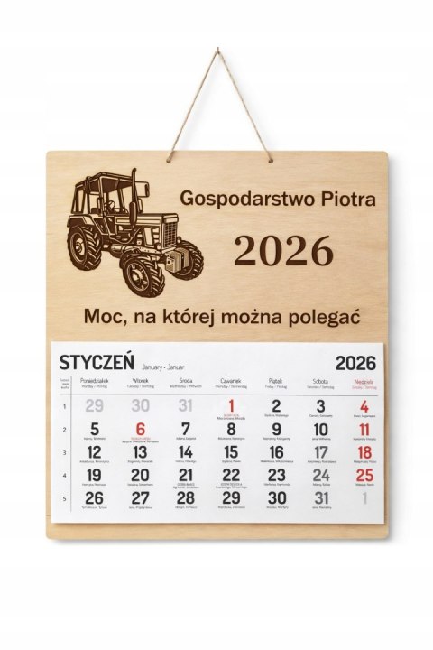Kalendarz Drewniany 2026 z Ciągnikiem MTZ 82 | Personalizowany | Prezent