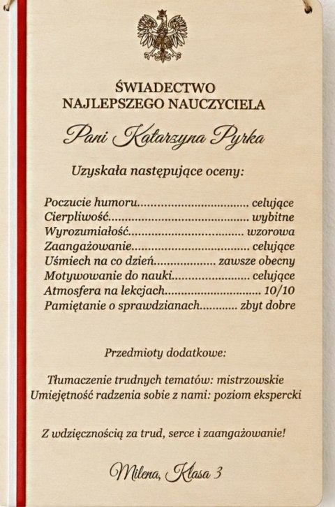 Świadectwo Nauczyciela DrewnoPersonalizowane Podziękowanie Prezent od Klasy