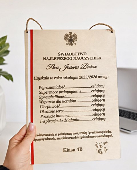 Świadectwo Nauczyciela DrewnoPersonalizowane Podziękowanie Prezent od Klasy